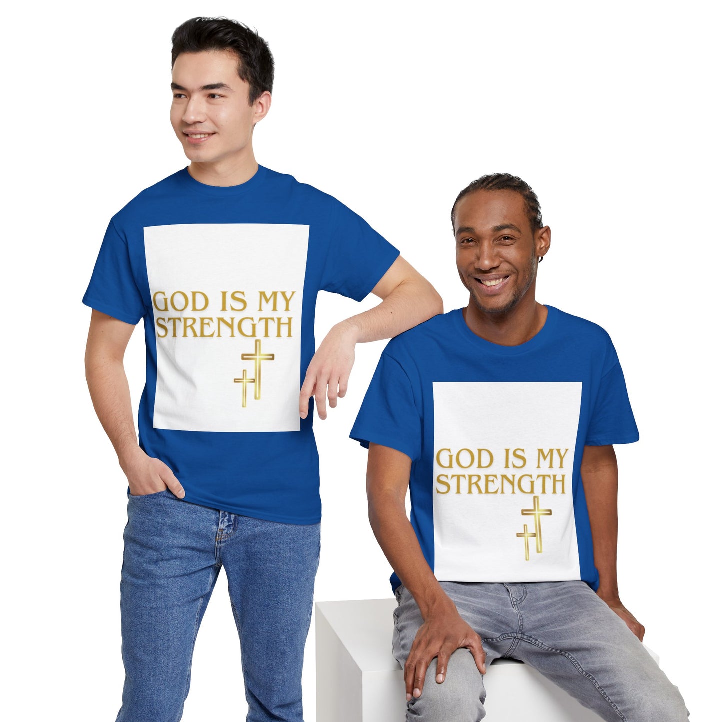 God Is My Strength Unisex T-Shirt — Inspirational Christian Tee with Gold Cross, Graphic tee Casual, regular fit,