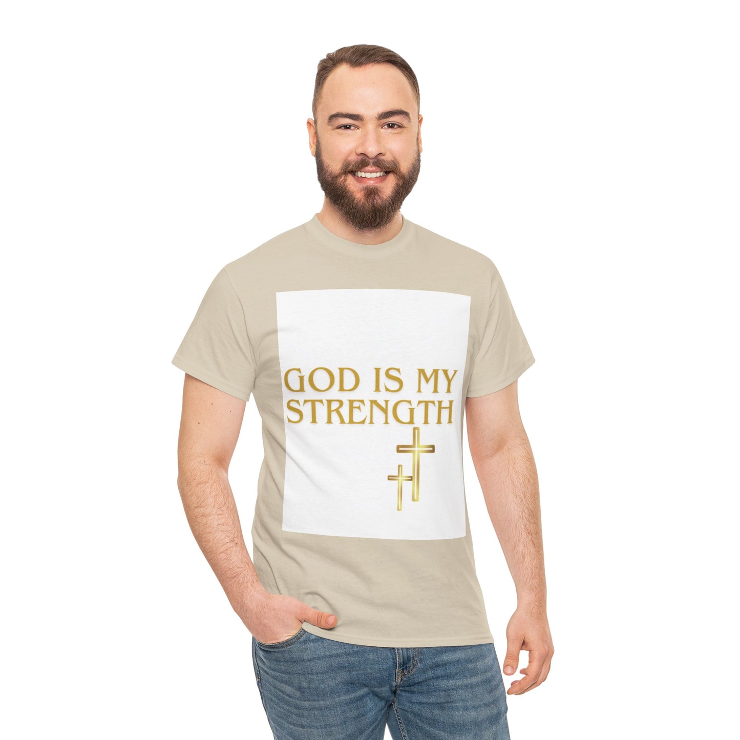 God Is My Strength Unisex T-Shirt — Inspirational Christian Tee with Gold Cross, Graphic tee Casual, regular fit,