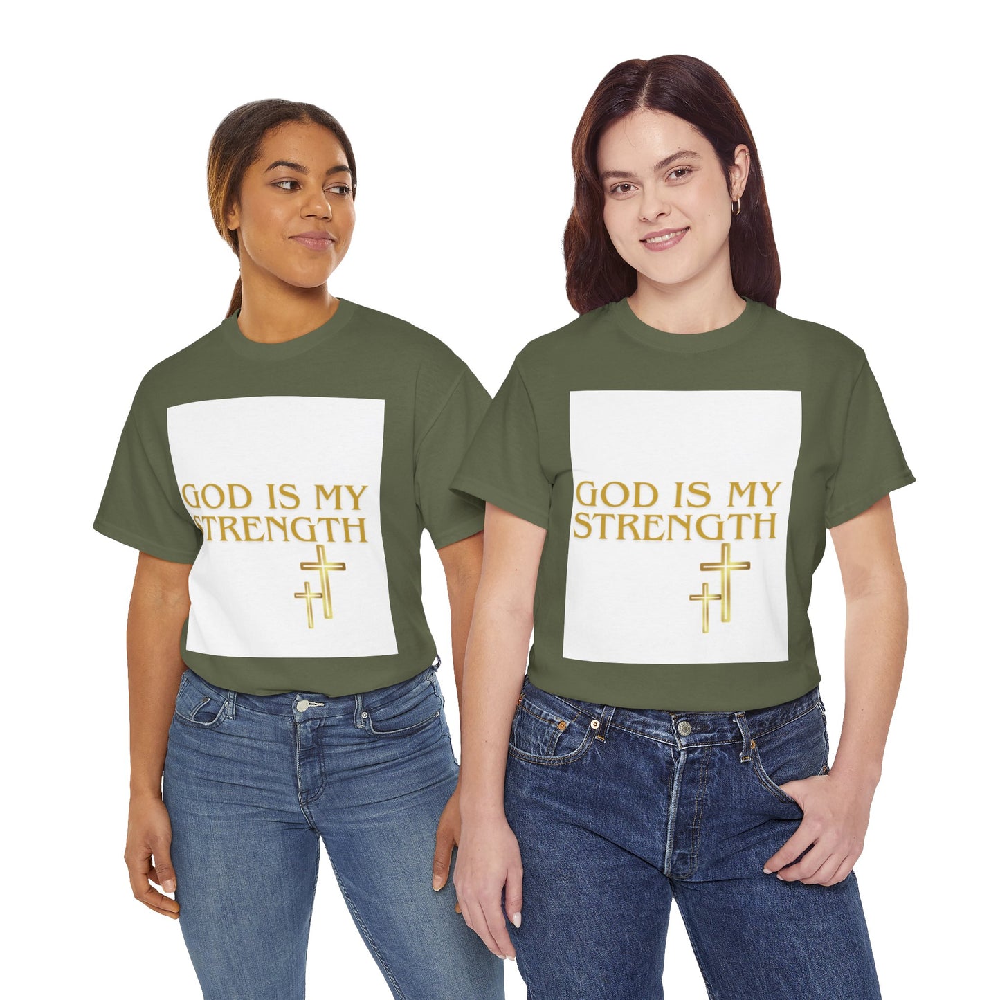 God Is My Strength Unisex T-Shirt — Inspirational Christian Tee with Gold Cross, Graphic tee Casual, regular fit,