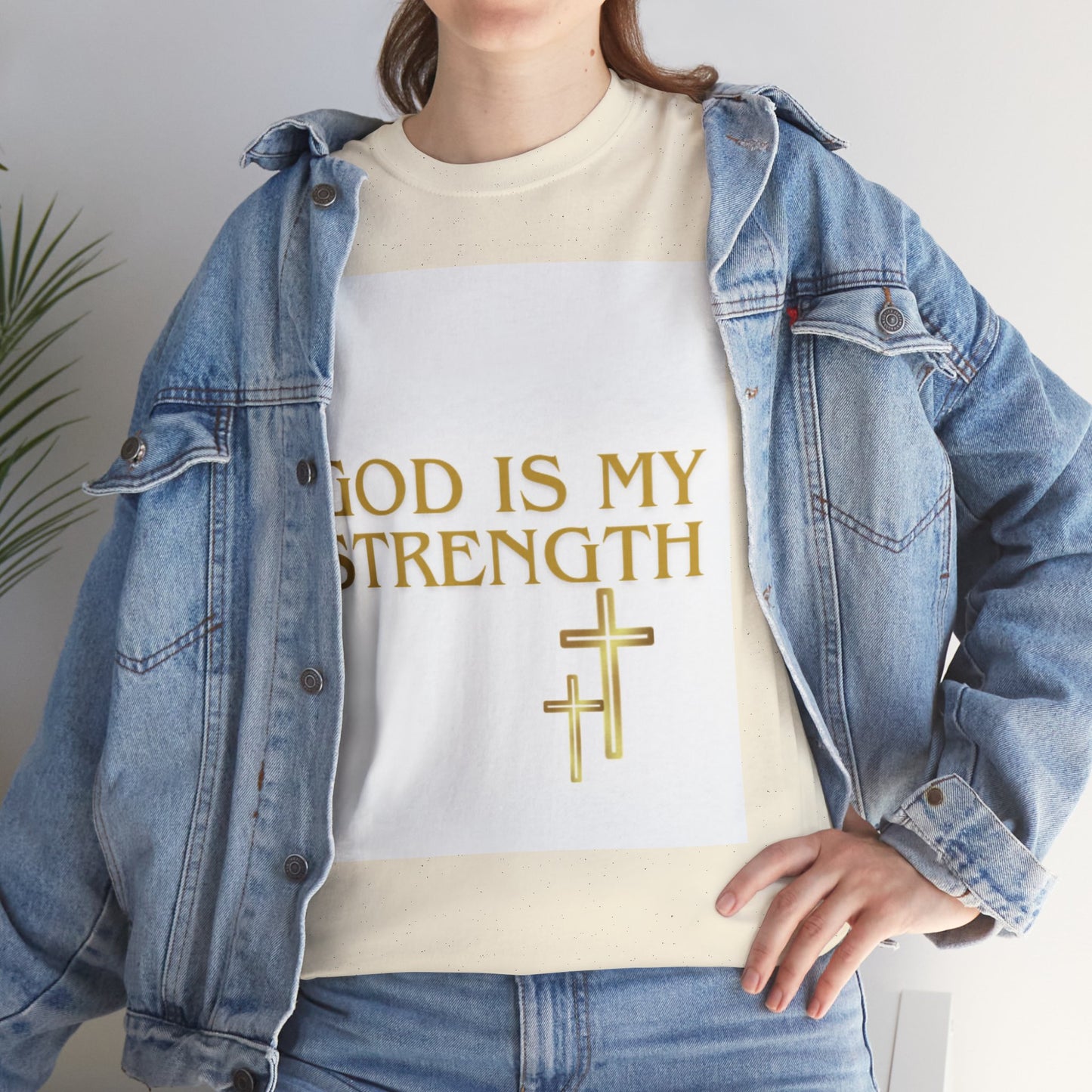 God Is My Strength Unisex T-Shirt — Inspirational Christian Tee with Gold Cross, Graphic tee Casual, regular fit,