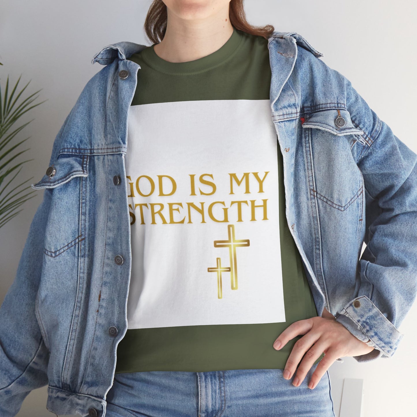God Is My Strength Unisex T-Shirt — Inspirational Christian Tee with Gold Cross, Graphic tee Casual, regular fit,