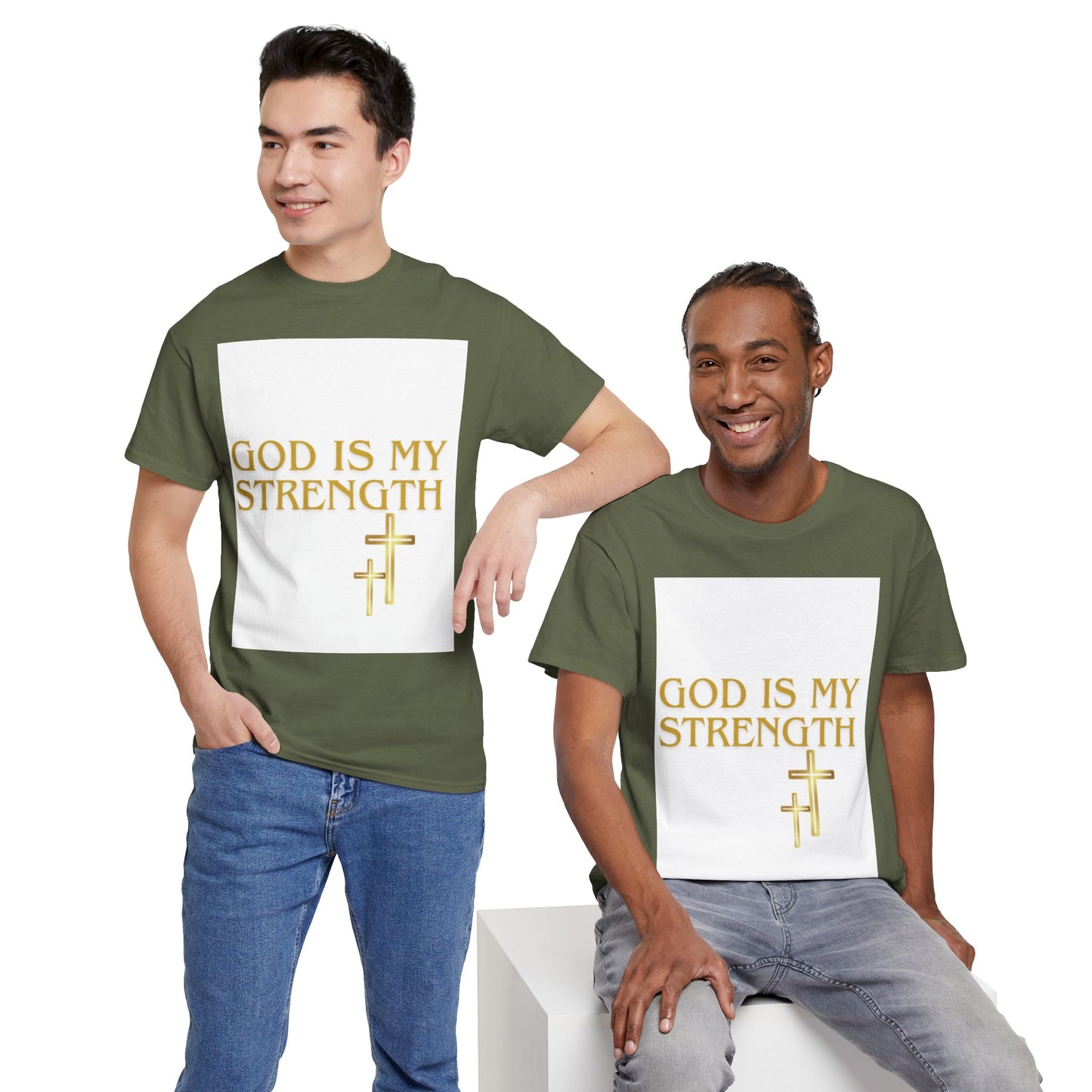 God Is My Strength Unisex T-Shirt — Inspirational Christian Tee with Gold Cross, Graphic tee Casual, regular fit,