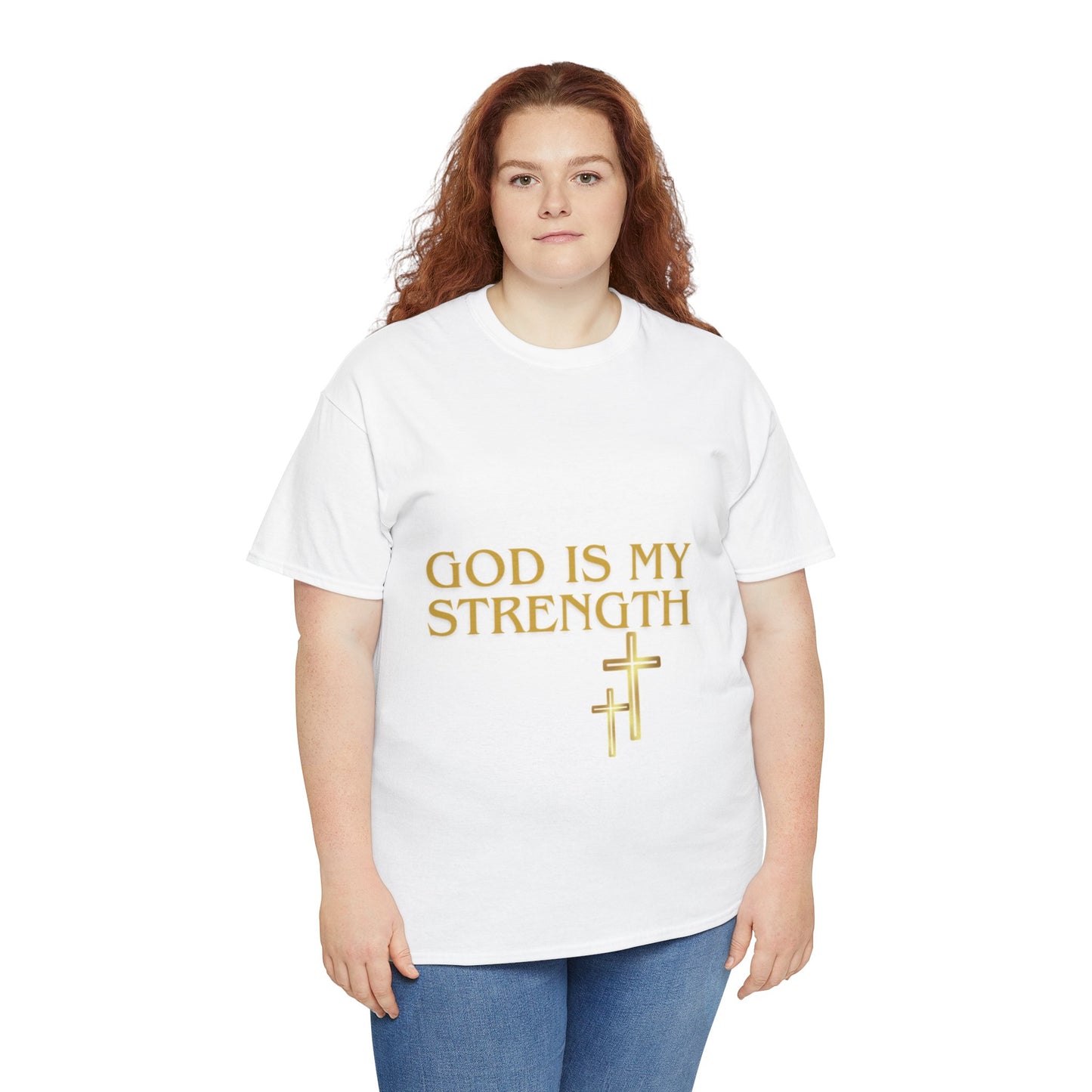 God Is My Strength Unisex T-Shirt — Inspirational Christian Tee with Gold Cross, Graphic tee Casual, regular fit,