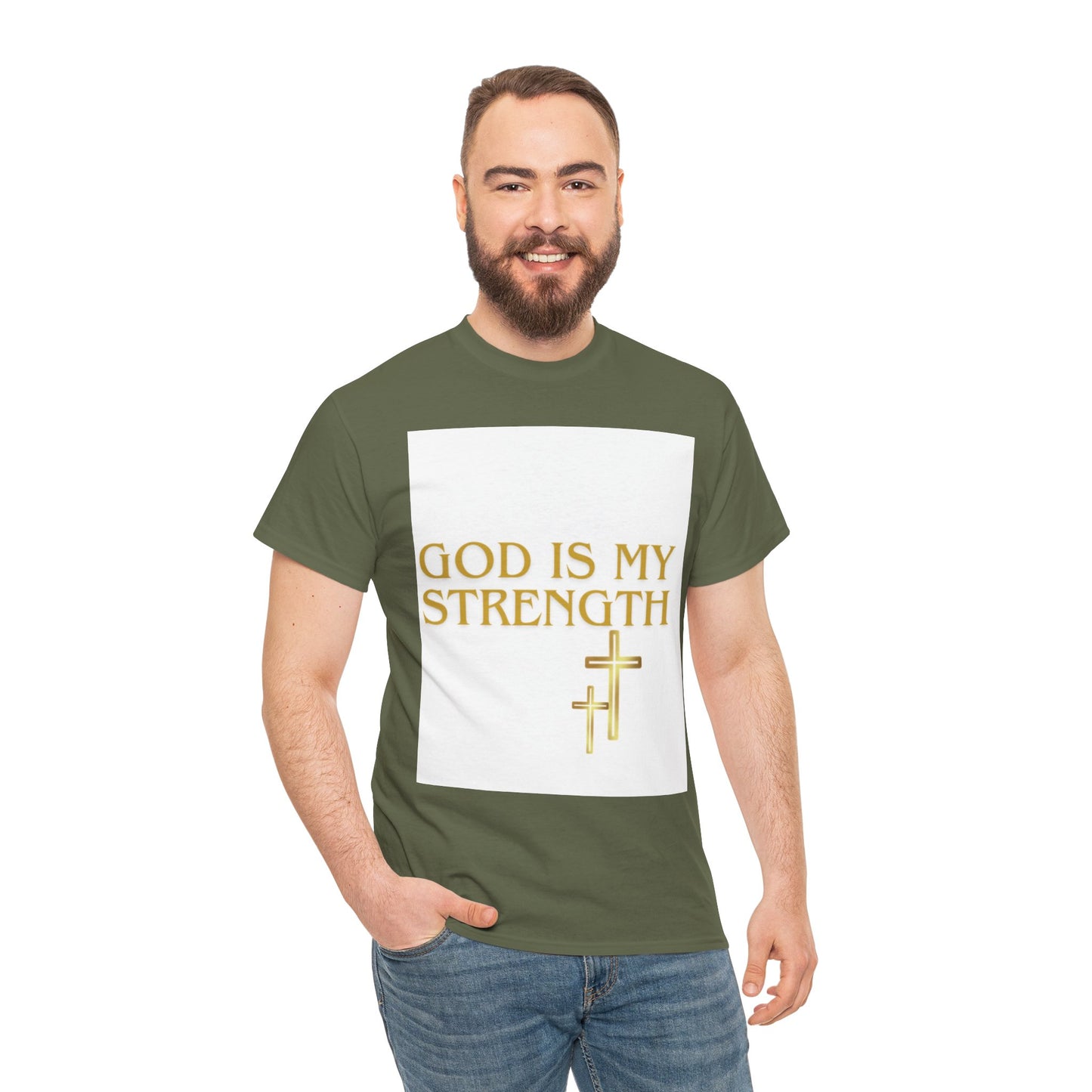 God Is My Strength Unisex T-Shirt — Inspirational Christian Tee with Gold Cross, Graphic tee Casual, regular fit,