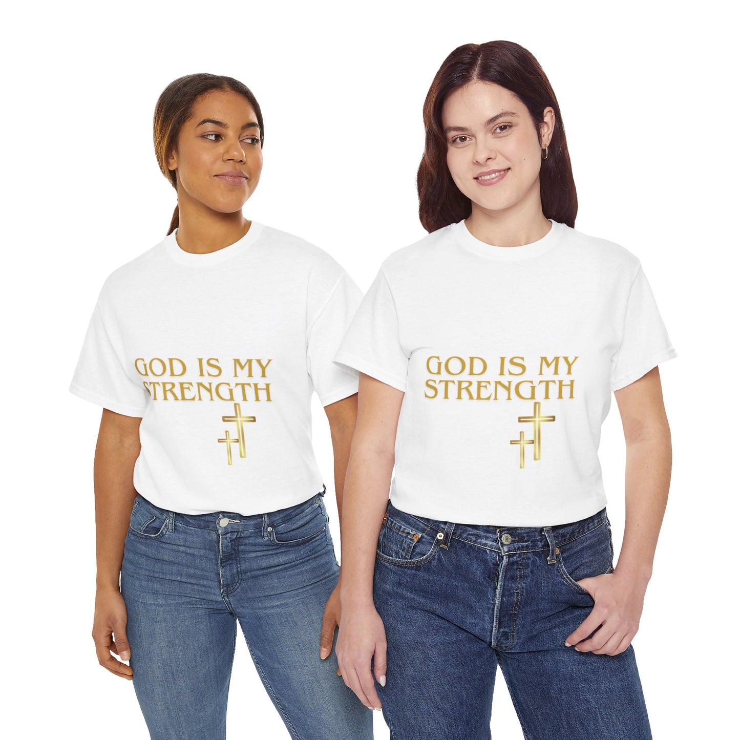 God Is My Strength Unisex T-Shirt — Inspirational Christian Tee with Gold Cross, Graphic tee Casual, regular fit,