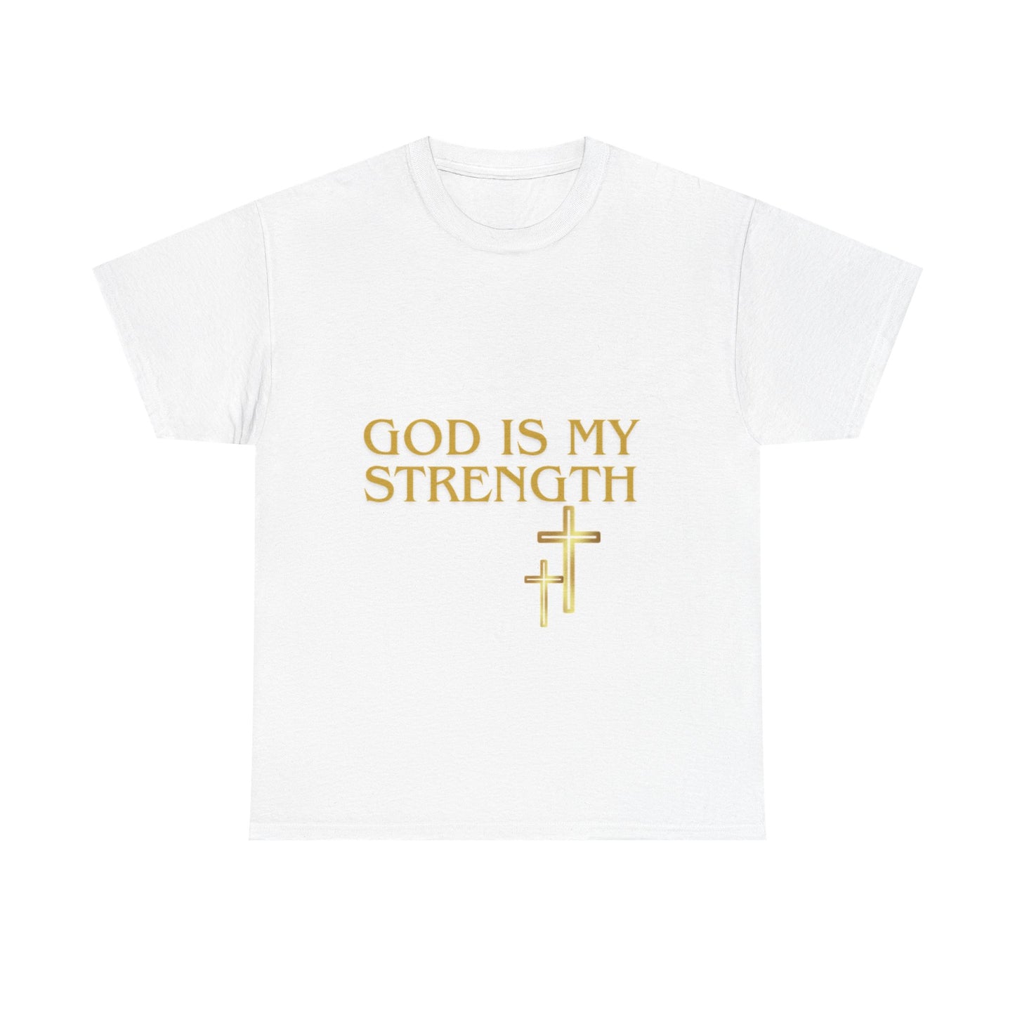 God Is My Strength Unisex T-Shirt — Inspirational Christian Tee with Gold Cross, Graphic tee Casual, regular fit,