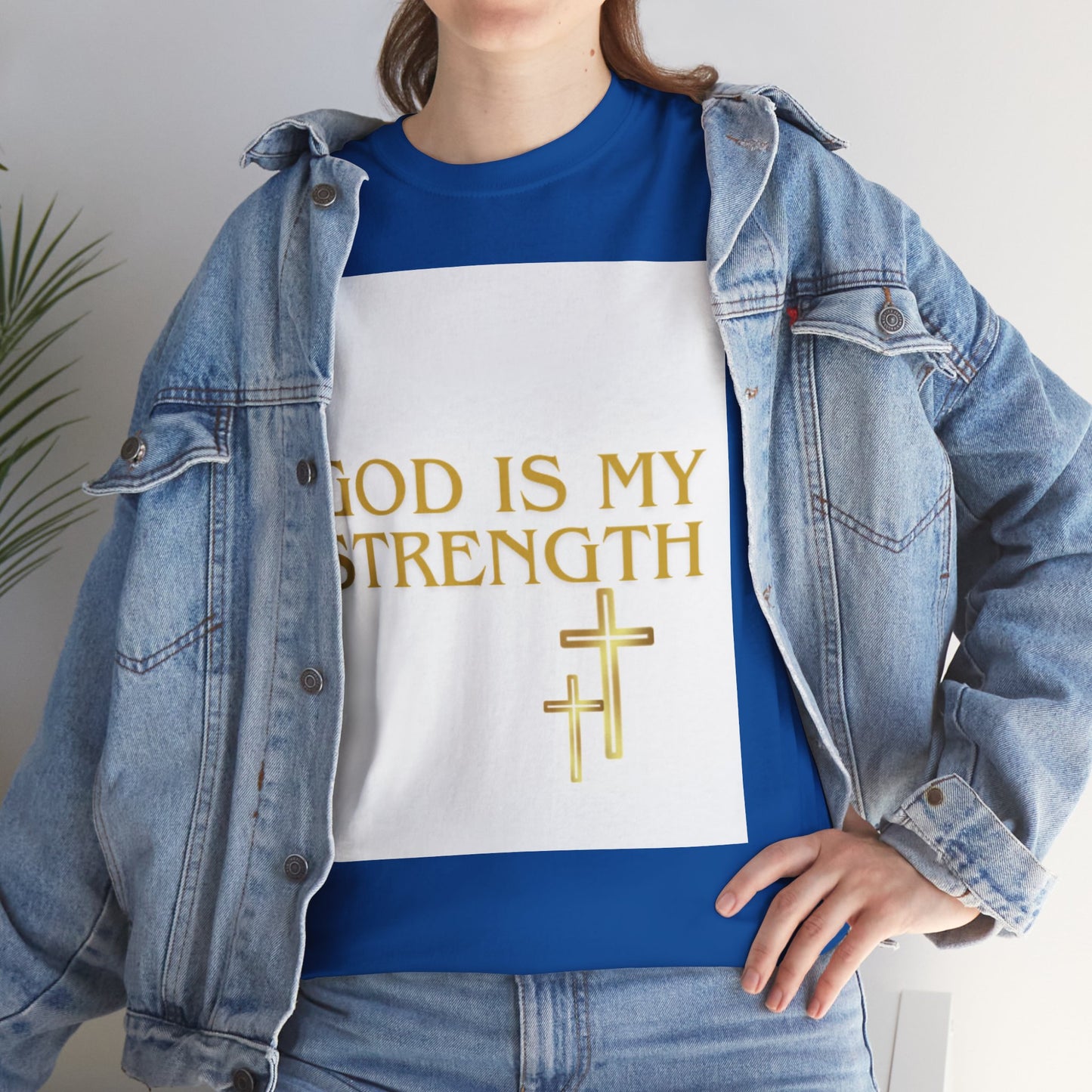 God Is My Strength Unisex T-Shirt — Inspirational Christian Tee with Gold Cross, Graphic tee Casual, regular fit,