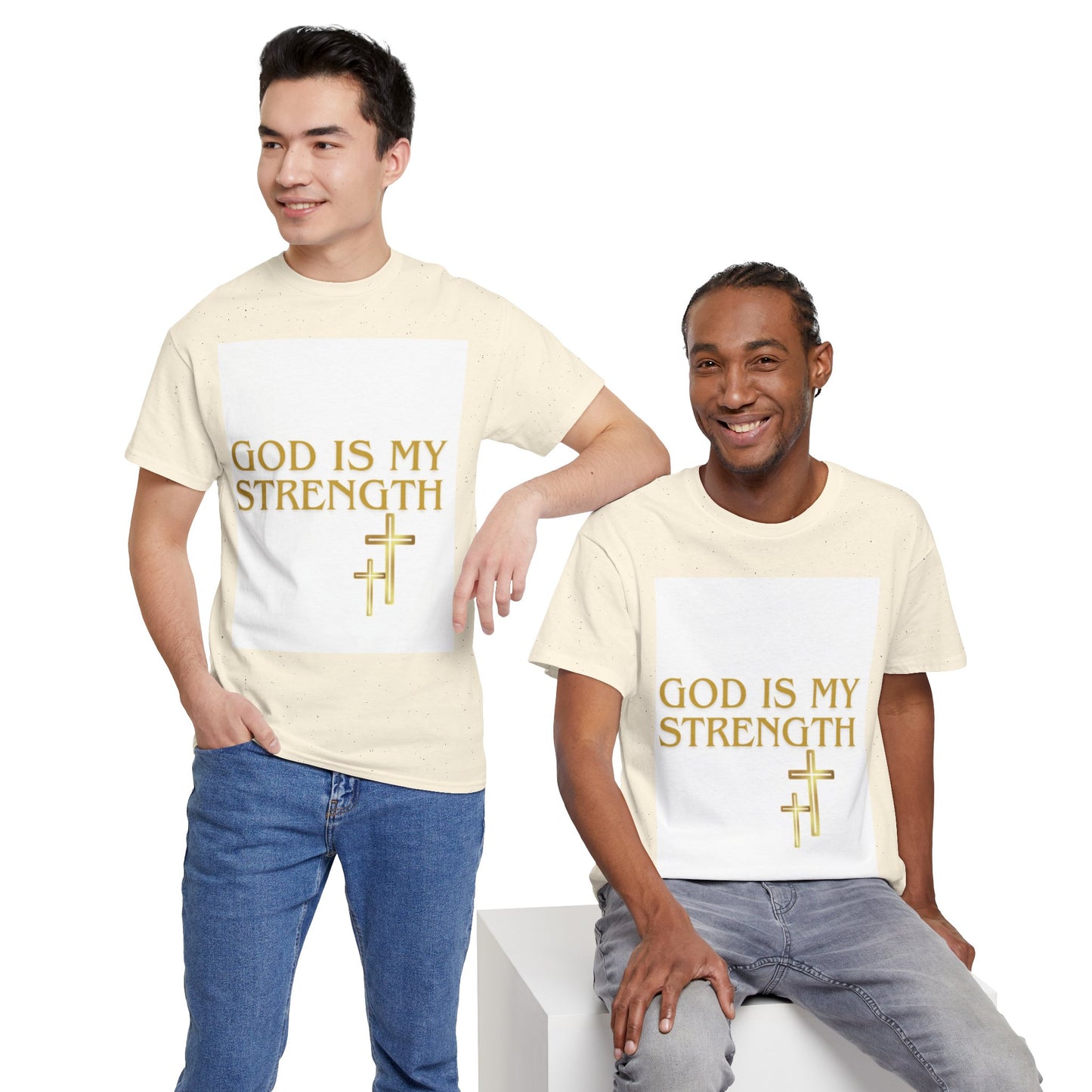 God Is My Strength Unisex T-Shirt — Inspirational Christian Tee with Gold Cross, Graphic tee Casual, regular fit,