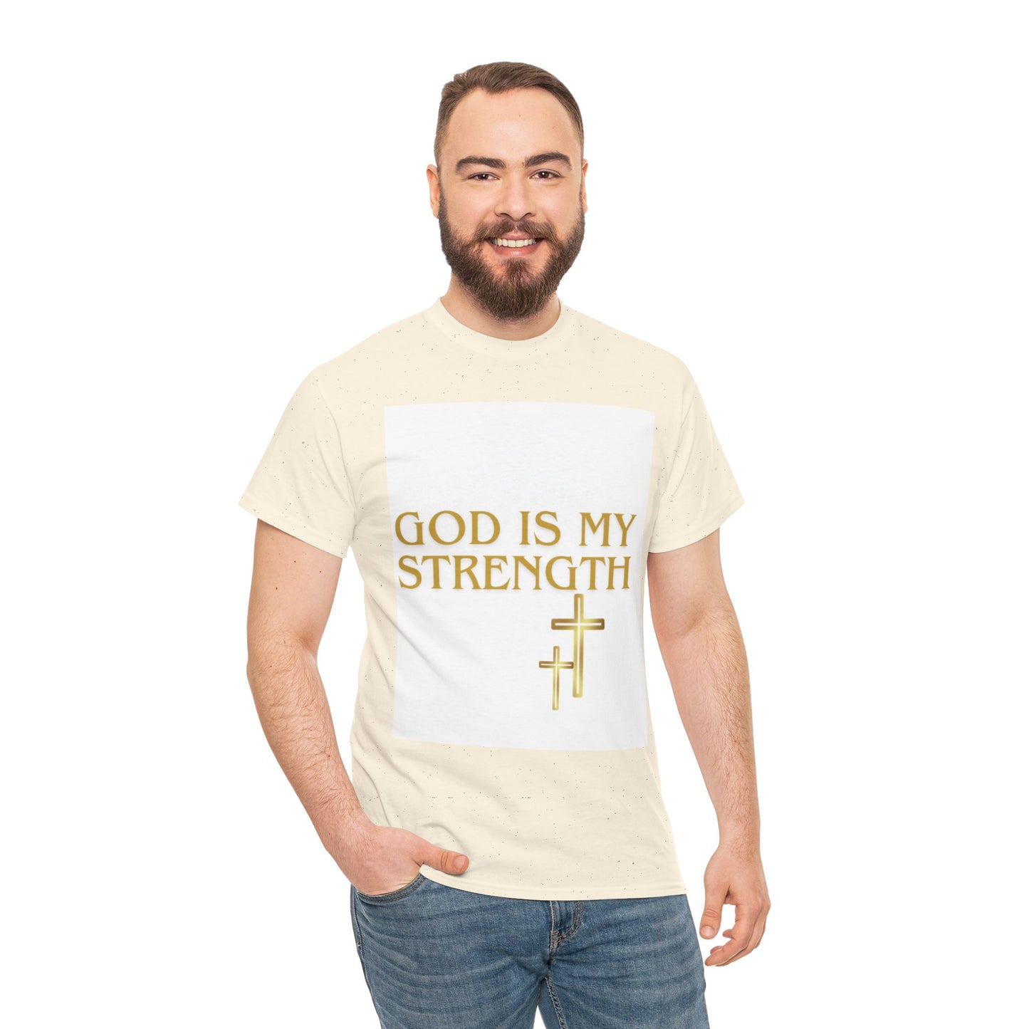 God Is My Strength Unisex T-Shirt — Inspirational Christian Tee with Gold Cross, Graphic tee Casual, regular fit,