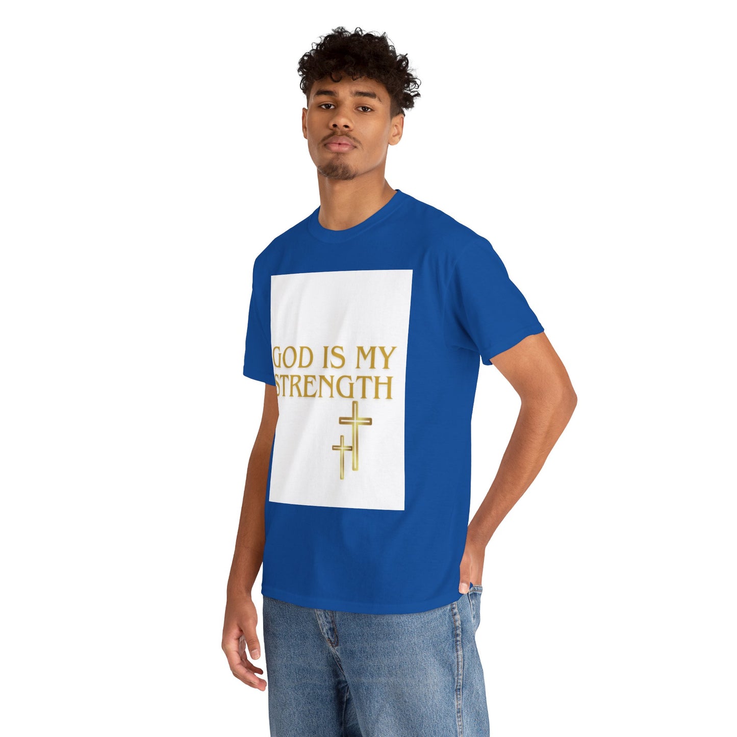 God Is My Strength Unisex T-Shirt — Inspirational Christian Tee with Gold Cross, Graphic tee Casual, regular fit,