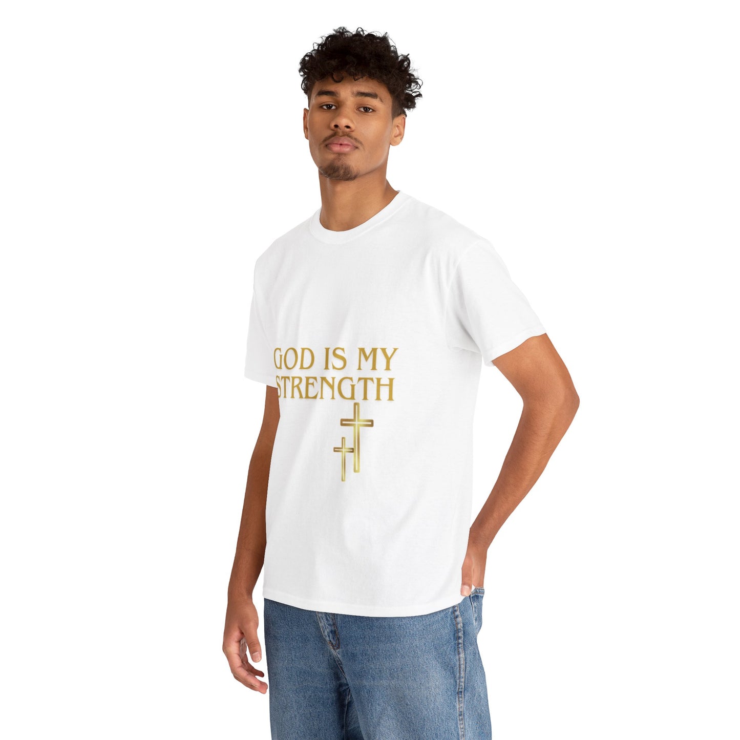 God Is My Strength Unisex T-Shirt — Inspirational Christian Tee with Gold Cross, Graphic tee Casual, regular fit,