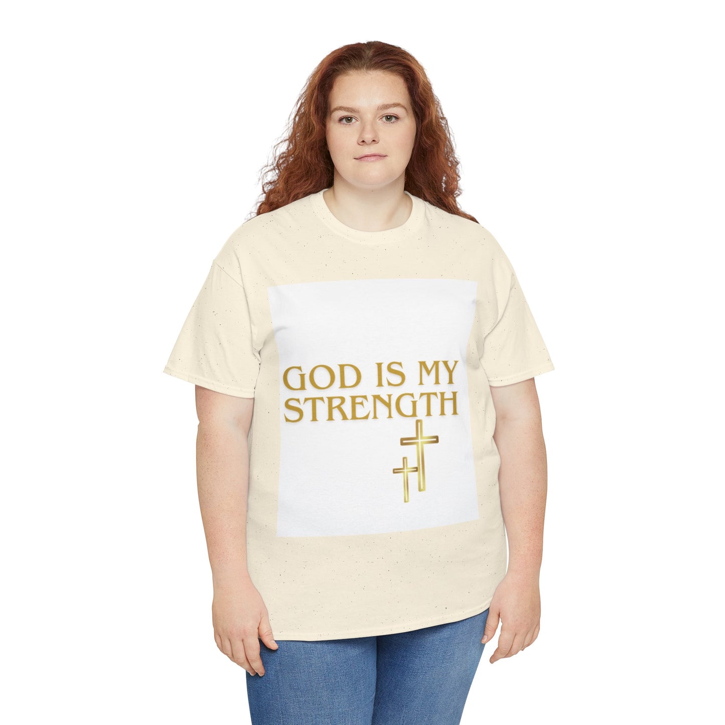 God Is My Strength Unisex T-Shirt — Inspirational Christian Tee with Gold Cross, Graphic tee Casual, regular fit,