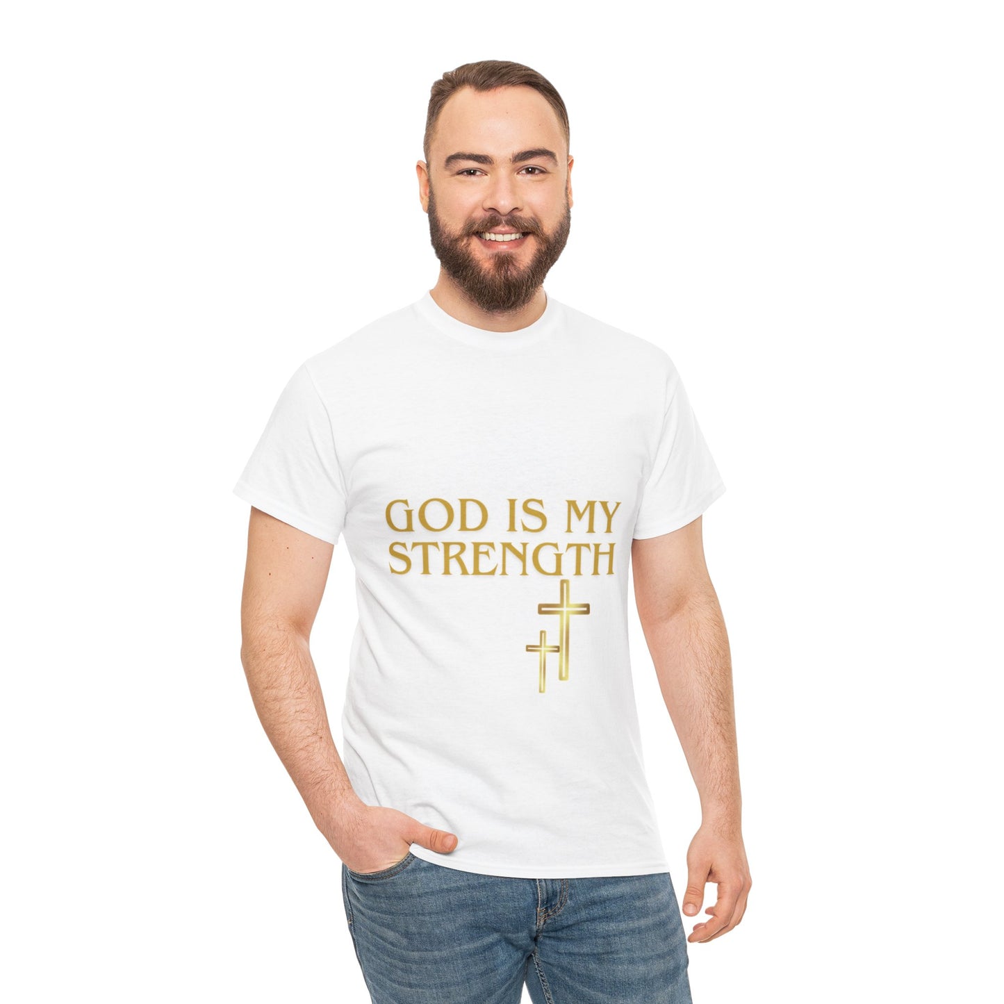 God Is My Strength Unisex T-Shirt — Inspirational Christian Tee with Gold Cross, Graphic tee Casual, regular fit,