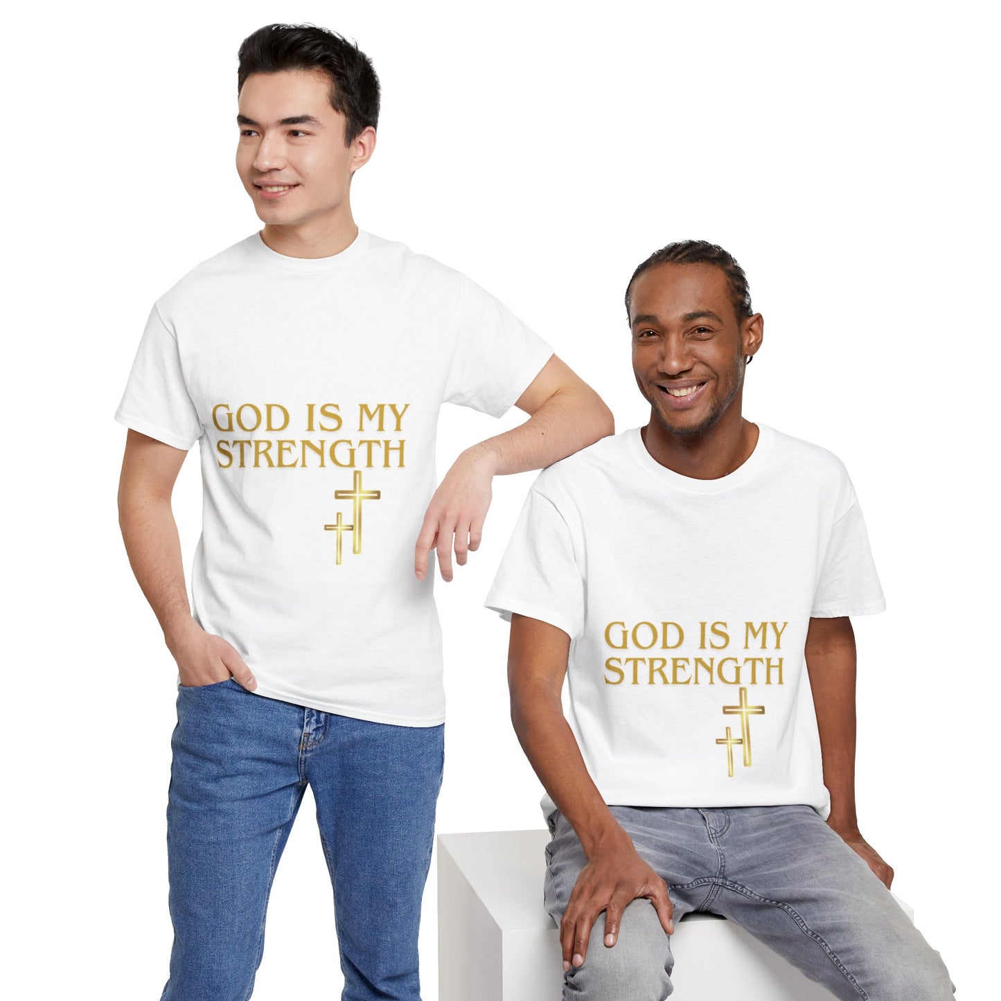 God Is My Strength Unisex T-Shirt — Inspirational Christian Tee with Gold Cross, Graphic tee Casual, regular fit,