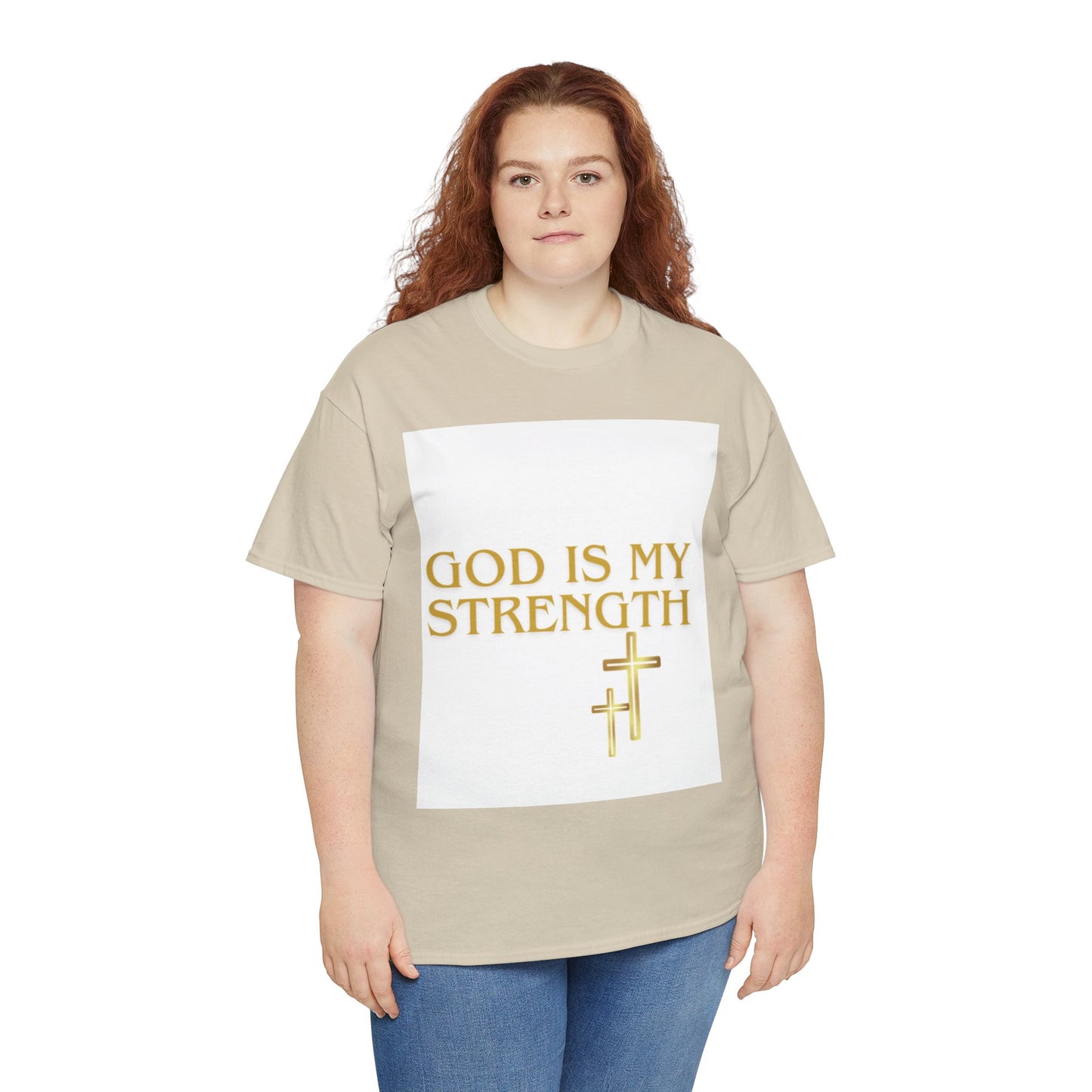 God Is My Strength Unisex T-Shirt — Inspirational Christian Tee with Gold Cross, Graphic tee Casual, regular fit,