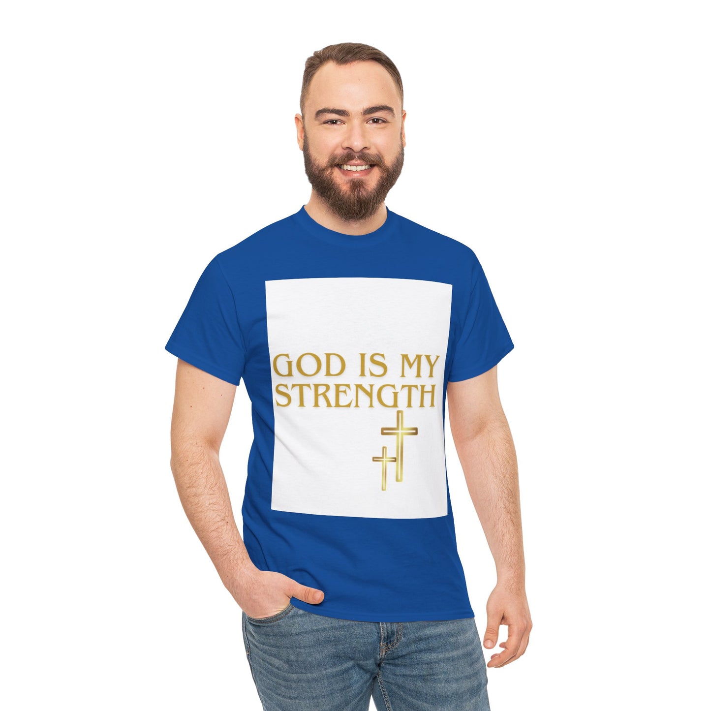 God Is My Strength Unisex T-Shirt — Inspirational Christian Tee with Gold Cross, Graphic tee Casual, regular fit,