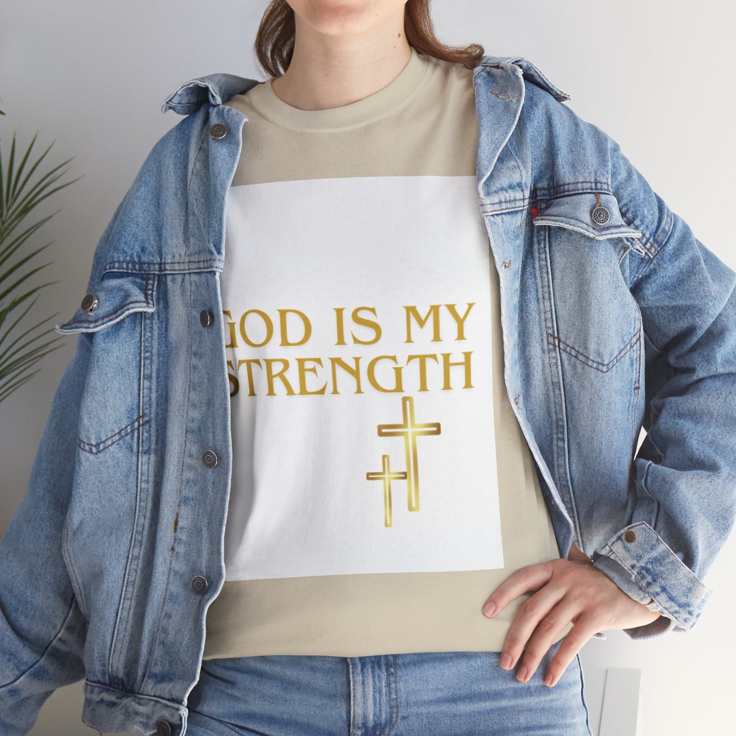 God Is My Strength Unisex T-Shirt — Inspirational Christian Tee with Gold Cross, Graphic tee Casual, regular fit,