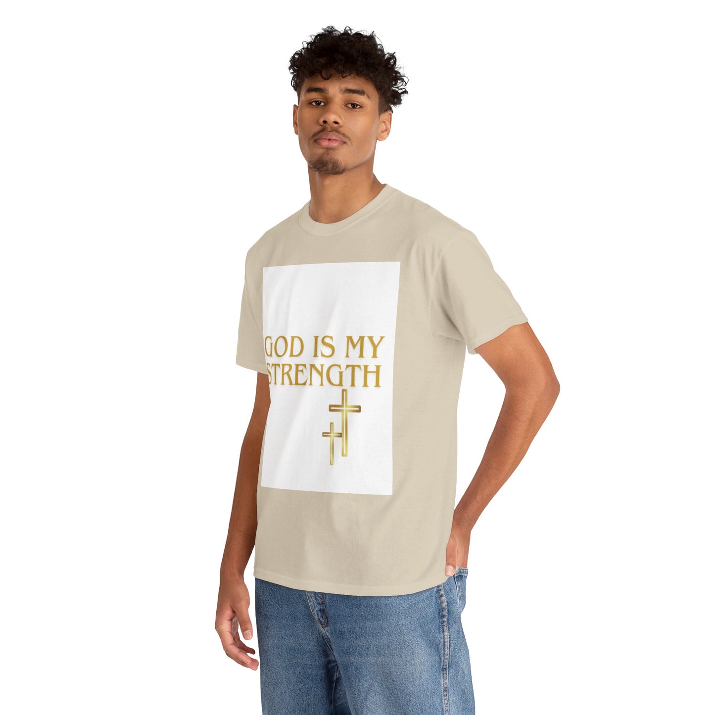 God Is My Strength Unisex T-Shirt — Inspirational Christian Tee with Gold Cross, Graphic tee Casual, regular fit,