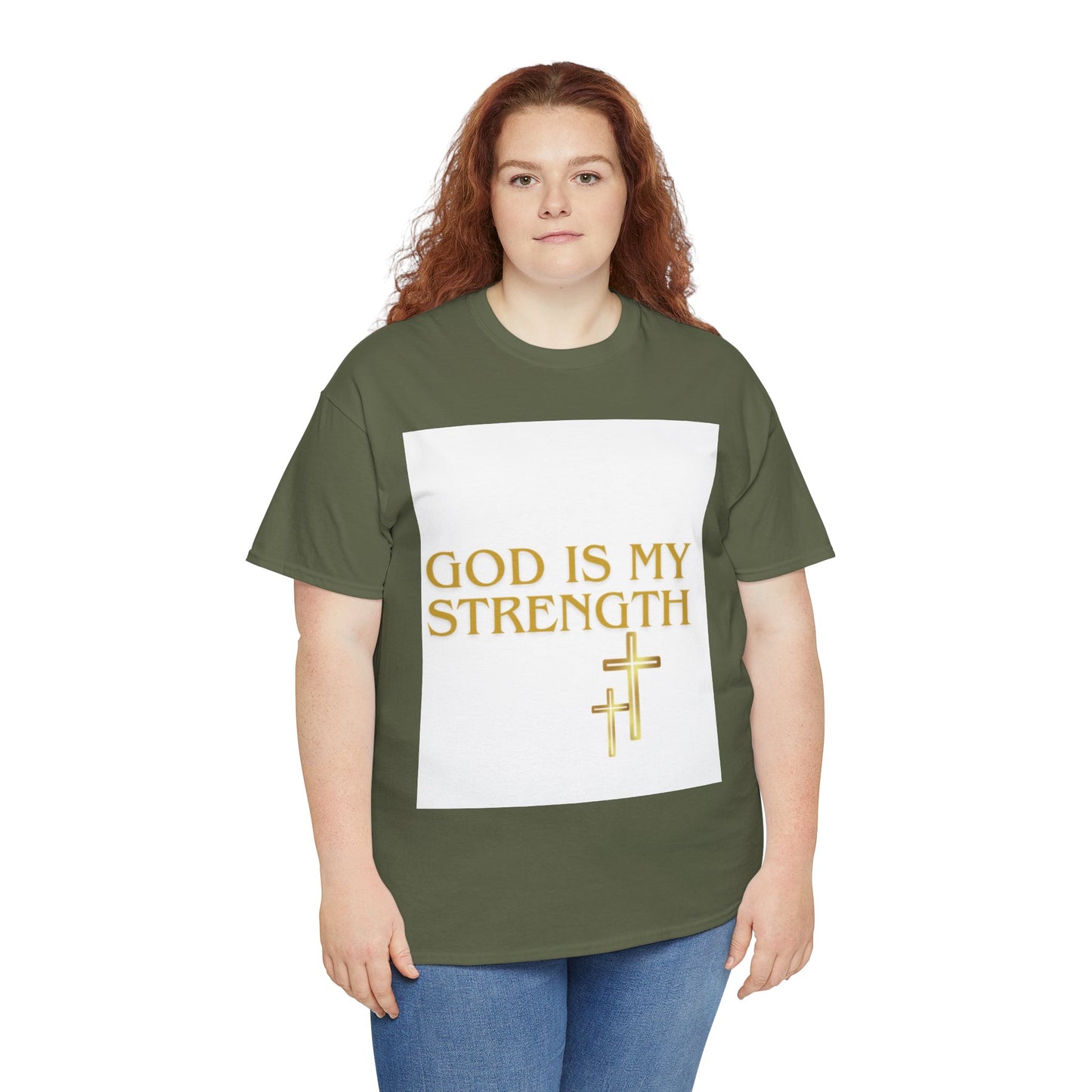 God Is My Strength Unisex T-Shirt — Inspirational Christian Tee with Gold Cross, Graphic tee Casual, regular fit,