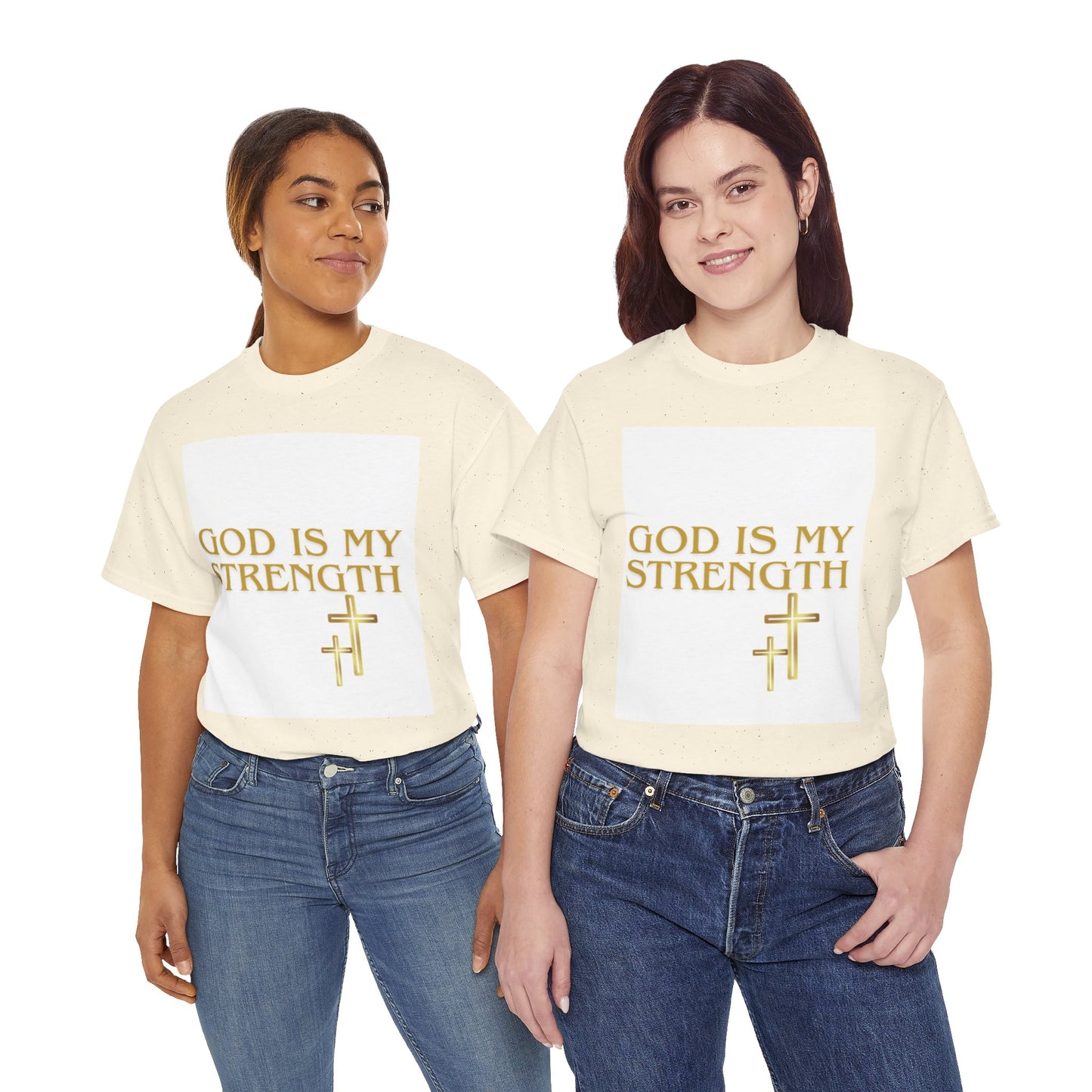 God Is My Strength Unisex T-Shirt — Inspirational Christian Tee with Gold Cross, Graphic tee Casual, regular fit,