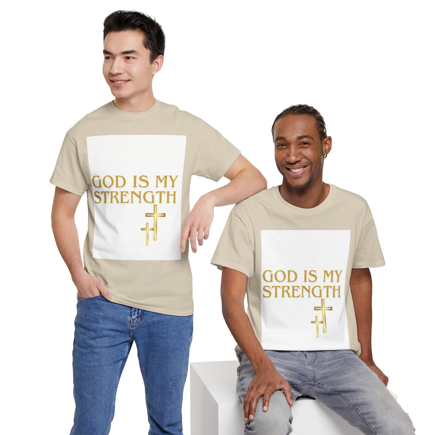God Is My Strength Unisex T-Shirt — Inspirational Christian Tee with Gold Cross, Graphic tee Casual, regular fit,